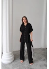 KETEN BELDEN BÜZGÜ DETAYLI GÖMLEK - PANTOLON TAKIM - Siyah