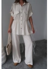 KETEN BELDEN BÜZGÜ DETAYLI GÖMLEK - PANTOLON TAKIM - Taş
