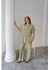 KETEN BELDEN BÜZGÜ DETAYLI GÖMLEK - PANTOLON TAKIM - Yeşil