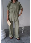 KETEN BELDEN BÜZGÜ DETAYLI GÖMLEK - PANTOLON TAKIM - Yeşil