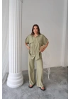 KETEN BELDEN BÜZGÜ DETAYLI GÖMLEK - PANTOLON TAKIM - Yeşil