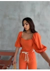 KETEN CROP KARPUZ KOL BLUZ-PANTOLON HASIR KEMERLİ - Orange
