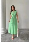KETEN ELBİSE KOLSUZ BEL BAĞLAMALI MAXİ ELBİSE - Yeşil