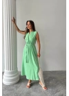 KETEN ELBİSE KOLSUZ BEL BAĞLAMALI MAXİ ELBİSE - Yeşil