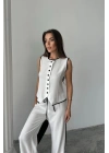 KETEN KENARLARI BİYELİ YELEK - PANTOLON TAKIM - Beyaz