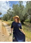 Keten Kısa Kollu Uzun  Elbise - Lacivert