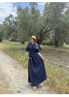 Keten Kısa Kollu Uzun  Elbise - Lacivert