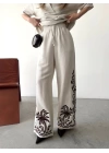 Keten Kısa Kolu  V Yaka Bluz Pantolon Ikili Takım- Beyaz