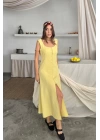 KETEN KOLSUZ KARE YAKA DÜĞME DETAYLI ELBİSE - Sarı