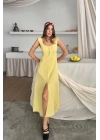 KETEN KOLSUZ KARE YAKA DÜĞME DETAYLI ELBİSE - Sarı