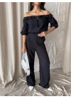 KETEN MADONNA YAKA KOL HASIR ŞERİT - PANTOLON TAKIM - Siyah