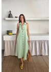 KETEN ÖNDEN DÜĞMELİ KOLSUZ GÖMLEK YAKA ELBİSE - Mint
