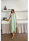 KETEN ÖNDEN DÜĞMELİ KOLSUZ GÖMLEK YAKA ELBİSE - Mint
