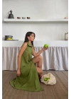 KETEN ÖNDEN DÜĞMELİ KOLSUZ GÖMLEK YAKA ELBİSE - Yağ Yeşili