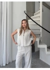Keten Tam Fermuarlı Kolsuz Ceket Pantolon Ikili Takım- Beyaz