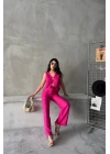 KETEN TEK DÜĞME YELEK-PANTOLON TAKIM - Pembe