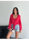 Keten Uzun Kol Bağacık Detaylı Bluz - Kırmızı
