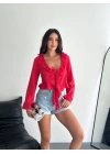 Keten Uzun Kol Bağacık Detaylı Bluz - Kırmızı
