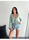 Keten Uzun Kol Bağacık Detaylı Bluz - Yeşil