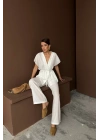 KETEN V YAKA BELDEN BAĞLAMALI BLUZ-PANTOLON TAKIM - Beyaz