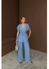 KETEN V YAKA BELDEN BAĞLAMALI BLUZ-PANTOLON TAKIM - Mavi