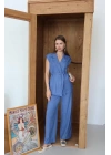 Keten yelek pantolon takım indigo pt