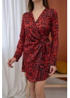 Kırmızı Leopar Desenli Saten Elbise