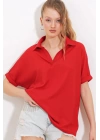 Kırmızı Oversize Polo Yaka Örme Bluz 0486
