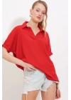 Kırmızı Oversize Polo Yaka Örme Bluz 0486