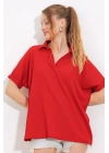 Kırmızı Oversize Polo Yaka Örme Bluz 0486