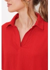 Kırmızı Oversize Polo Yaka Örme Bluz 0486