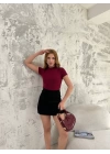 Kısa Kol Badi Bluz - Bordo