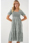 Kısa Kol Çiçekli Elbise 2556 - Mint