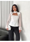 Kolları Şifon Göğüste İnci Boncuk Detaylı Bluz - Beyaz