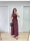 Kolsuz Göğüs Lastıklı Uzun Elbise - Bordo