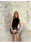 Kolsuz Yarım Bağazlı Badi Bluz - Siyah