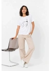 Köpek Figürlü Minimal Baskılı Tişört Kısa Kol Yazlık T-Shirt - Beyaz