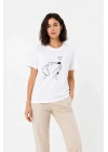 Köpek Figürlü Minimal Baskılı Tişört Kısa Kol Yazlık T-Shirt - Beyaz