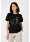 Köpek Figürlü Minimal Baskılı Tişört Kısa Kol Yazlık T-Shirt - Siyah