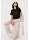 Köpek Figürlü Minimal Baskılı Tişört Kısa Kol Yazlık T-Shirt - Siyah