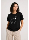 Köpek Figürlü Minimal Baskılı Tişört Kısa Kol Yazlık T-Shirt - Siyah