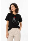 Kore Parmak Kalp Aşk Temalı Minimal Baskılı Tişört Yazlık Kısa Kol T-Shirt - Siyah