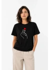 Kore Parmak Kalp Aşk Temalı Minimal Baskılı Tişört Yazlık Kısa Kol T-Shirt - Siyah