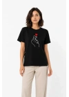 Kore Parmak Kalp Aşk Temalı Minimal Baskılı Tişört Yazlık Kısa Kol T-Shirt - Siyah