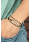 Krem Çizgi Desenli Metal Kancalı Erkek Bileklik