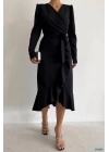 Krep Kumaş Midi Boy Kuşaklı Uzunkol Elbise 113 Cm