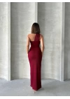 Krinkıl tek omuz uzun elbise bordo s25455