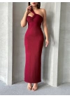 Krinkıl tek omuz uzun elbise bordo s25455