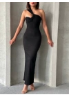 Krinkıl tek omuz uzun elbise siyah s25455