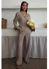 Kruvaze Model Klasik Pantolonlu Çupra Keten Takım 10191